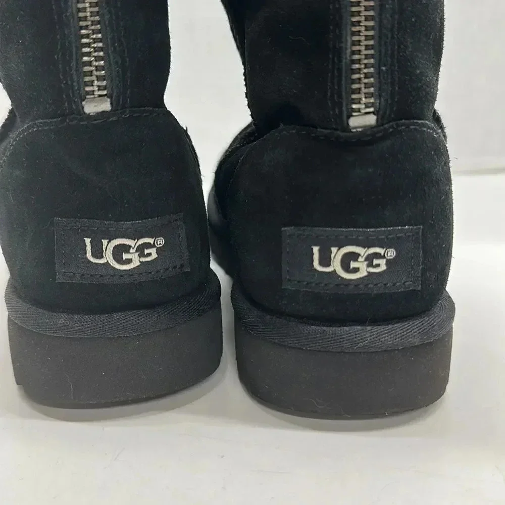 Ugg Boots Classic Short Zip Up Back Suede Shearling Lined Winter Boot Black 6